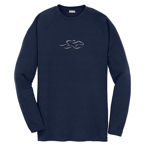 A kids navy performance stay dry long sleeve t-shirt with the EMBRACE THE RACE icon center front in white
