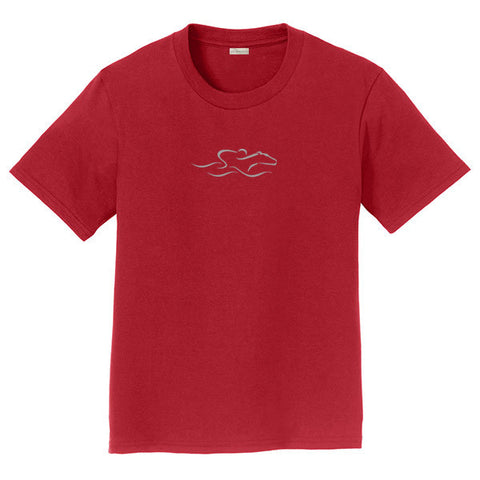 A kids cardinal soft ringspun cotton tee with a white EMBRACE THE RACE icon center front.