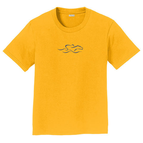 A kids gold soft ringspun cotton tee with a navy EMBRACE THE RACE icon center front.