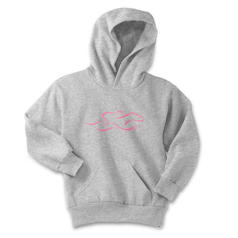 A kids gray hoodie sweatshirt with pink EMBRACE THE RACE logo center front.  Workmark across the back shoulder. 
