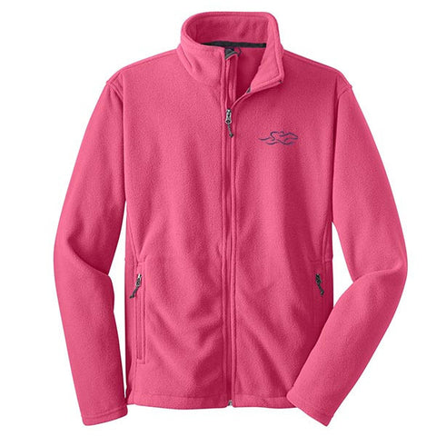 A pink full zip fleece jacket with EMBRACE THE RACE logo embroidered on the left chest.  