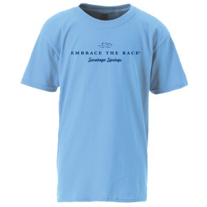 Kids 100% cotton carolina blue tee shirt with the EMBRACE THE RACE logo and Saratoga Springs in Navy blue center front