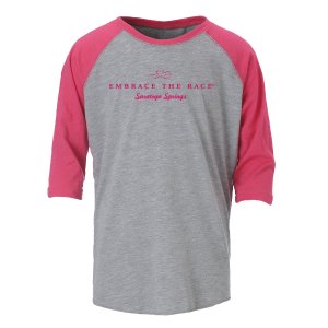 Heathered gray unisex baseball tee with contrast hot pink 3/4 length sleeves.  EMBRACE THE RACE logo and Saratoga Springs printed center front in hot pink