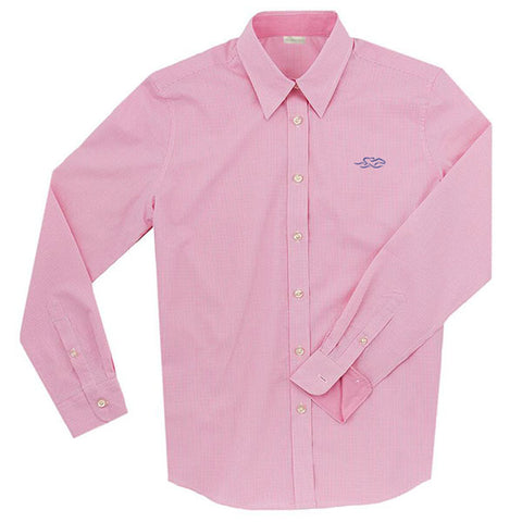 A Paddock Collection mini check ladies full button shirt in pink.  EMBRACE THE RACE logo embroidered on left chest in navy