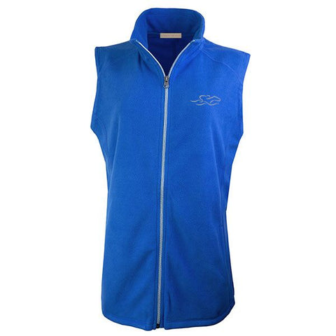 Royal blue micro fleece vest with silver zipper and EMBRACE THE RACE icon embroidered on the left chest