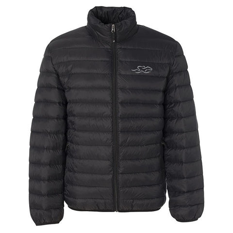 A black packable down stuffed puffer jacket.  EMBRACE THE RACE logo embroidered on left chest. 
