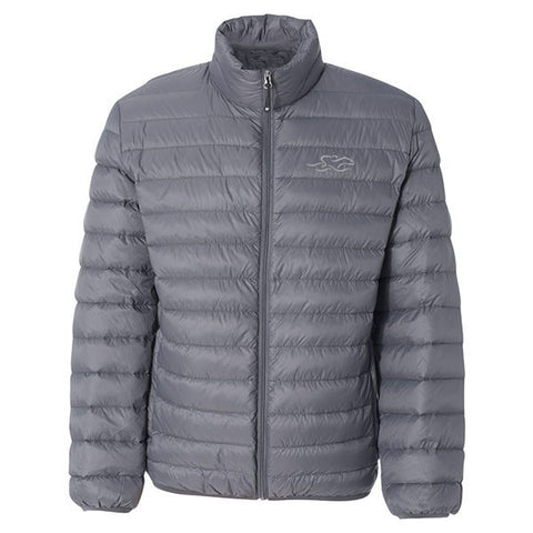 A gray packable down stuffed puffer jacket.  EMBRACE THE RACE logo embroidered on left chest. 