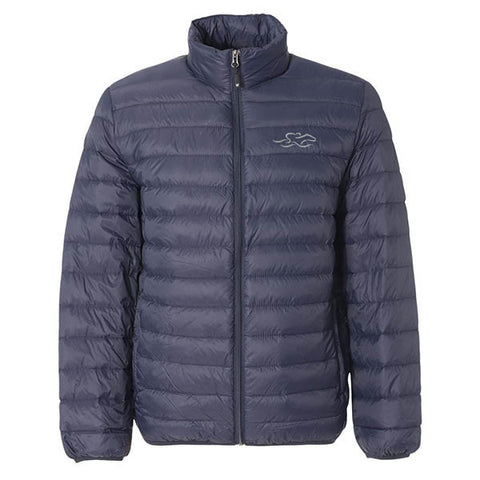 A navy packable down stuffed puffer jacket.  EMBRACE THE RACE logo embroidered on left chest. 