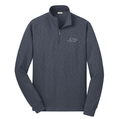 A gray sophisticated qtr-zip pullover.   EMBRACE THE RACE logo embroidered on left chest.