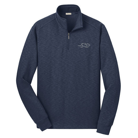 A navy sophisticated qtr-zip pullover.   EMBRACE THE RACE logo embroidered on left chest.