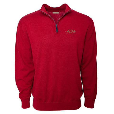 Cardinal colored cotton qtr zip sweater with EMBRACE THE RACE icon embroidered on the left chest. Lightly ribbed at wrist and waist for perfect fit.  