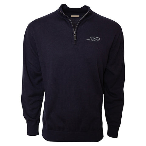 Navy cotton qtr zip sweater with EMBRACE THE RACE icon embroidered on the left chest. Lightly ribbed at wrist and waist for perfect fit.  