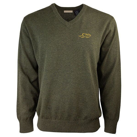 Olive colored classic cotton v neck pullover sweater.  EMBRACE THE RACE icon on the left chest. 