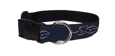 Adjustable dog collar with our signature navy EMBRACE THE RACE ribbon.  Black hardware and a nickel D ring