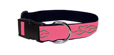 Adjustable dog collar with our signature pink and green EMBRACE THE RACE ribbon.  Black hardware and a nickel D ring