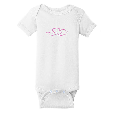 A CPSIA compliant infant/toddler white onesie with EMBRACE THE RACE logo center front in pink.