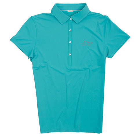 A silky smooth eco polo shirt in aqua.  EMBRACE THE RACE logo embroidered on left chest.