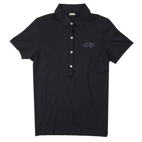 A silky smooth eco polo shirt in black.  EMBRACE THE RACE logo embroidered on left chest.