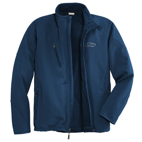 A blue soft shell textured jacket with EMBRACE THE RACE logo embroidered on left chest.