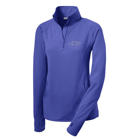 A lightweight super sport pullover in iris blue with the EMBRACE THE RACE logo embroidered on left chest.  Thumbholes in the sleeves for added warmth.