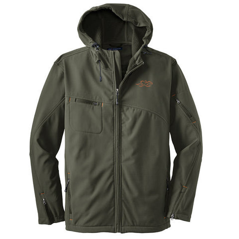 A deep green hooded soft shell jacket with orange bar tack trim and EMBRACE THE RACE logo embroidered on left chest.
