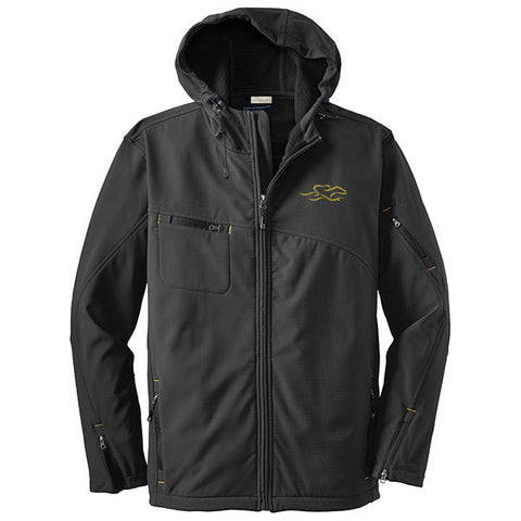 A gray hooded soft shell jacket with yellow bar tack trim and EMBRACE THE RACE logo embroidered on left chest.