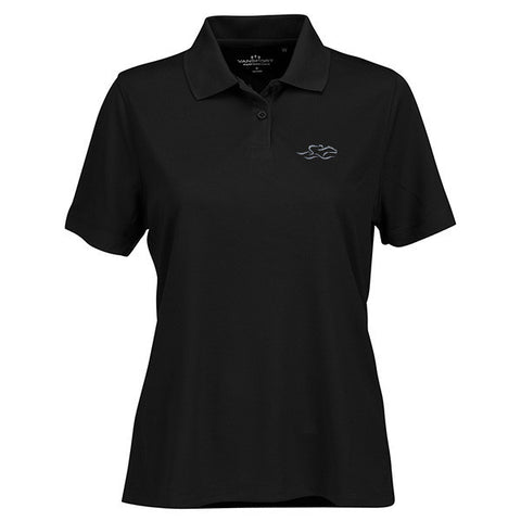 A performance micro-mesh knit polo in black with a 2-button placket. EMBRACE THE RACE logo embroidered on left chest.  