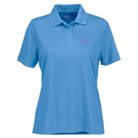 A performance micro-mesh knit polo in carolina blue with a 2-button placket. EMBRACE THE RACE logo embroidered on left chest.  