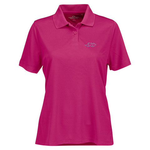 A performance micro-mesh knit polo in hot pink with a 2-button placket. EMBRACE THE RACE logo embroidered on left chest.  