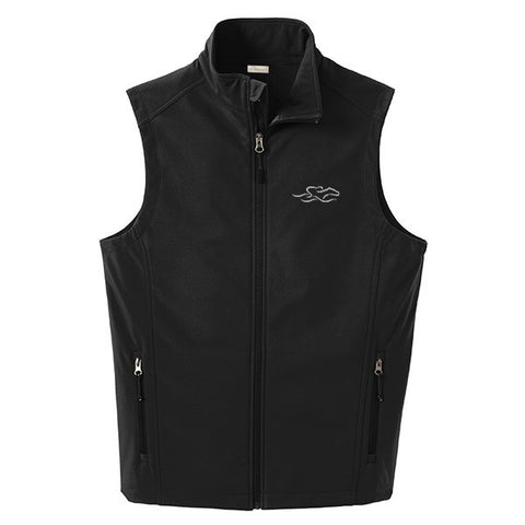 A black soft shell versatile vest with EMBRACE THE RACE logo embroidered on left chest.