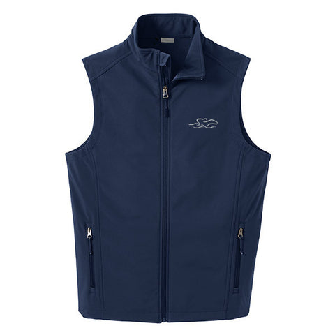 A navy soft shell versatile vest with EMBRACE THE RACE logo embroidered on left chest.