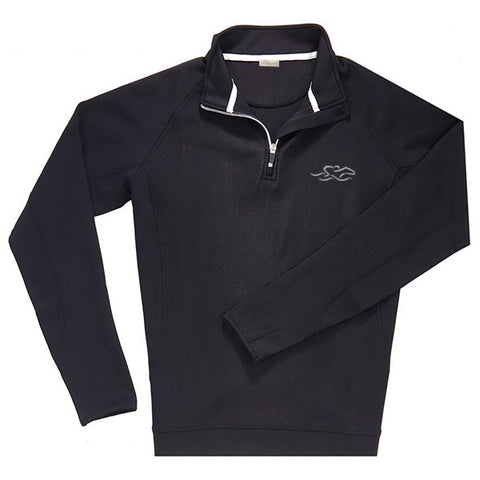 A knitted black performance fabric that is highly water resistant.  This 1/4 zip pullover is adorned with metal zipper at neck.  EMBRACE THE RACE icon embroidered on left chest.
