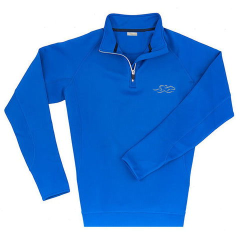 A knitted royal performance fabric that is highly water resistant.  This 1/4 zip pullover is adorned with metal zipper at neck.  EMBRACE THE RACE icon embroidered on left chest.