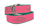 A womens signature ribbon belt featuring pink ribbon with our green icon stitched on a kelly green backing.  